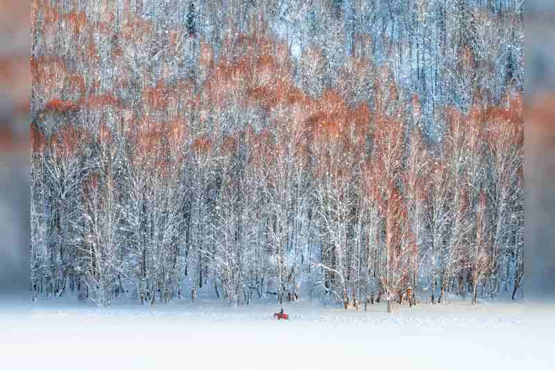 《独驭寒山雪》  2022年12月30日，新疆阿勒泰地区禾木。寒冷季节，我用无人机长焦抓拍到一位身披厚重服装，脚踩皮靴，手握缰绳的行者。