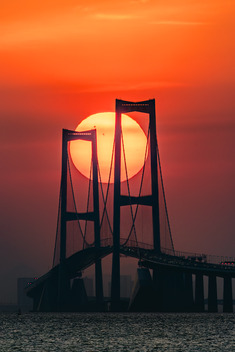 《悬日时刻》该组图记录了2022年至2025年四年间，深中通道日出日落时分的绝美悬日时刻。